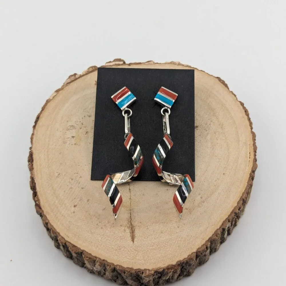 Authentic Zuni‎ Spiral Multi Stones Inlay Dangle Earrings Handmade NA Jewelry**